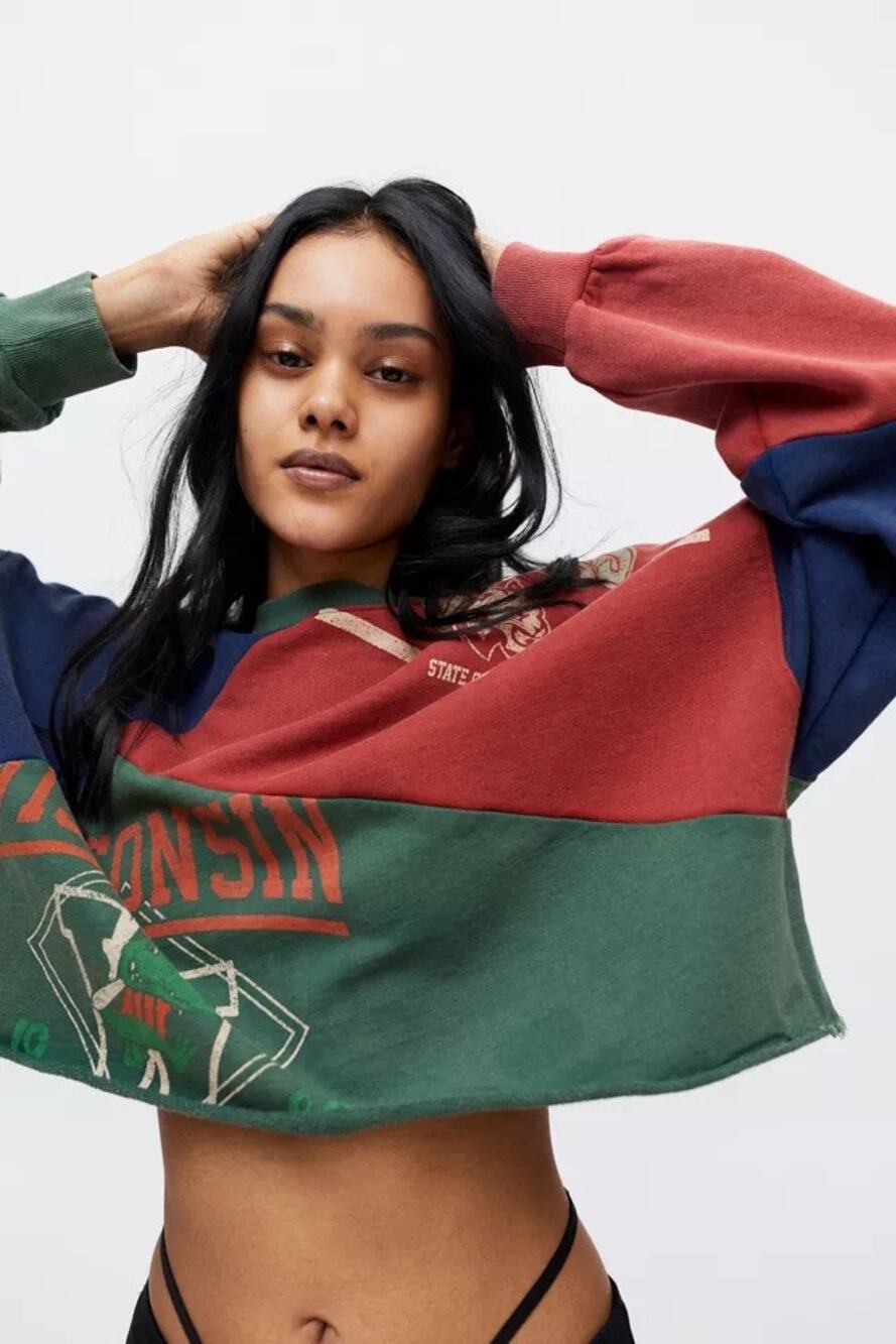 Urban Outfitters | Long Sleeve Preppy Color Block Collegiate Cropped Raw Hem Top